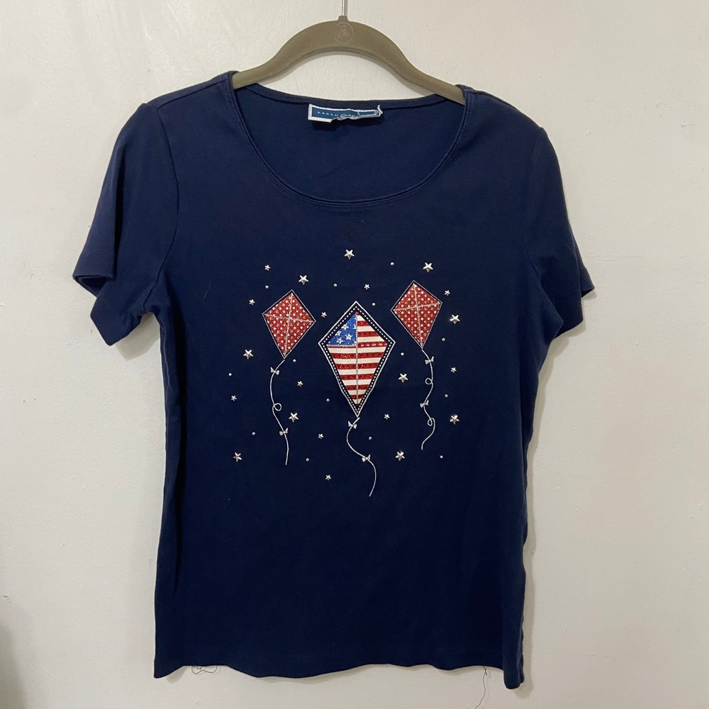 Karen Scott Womens‎ Navy Patriotic Kite American Flag Glitter T-Shirt M READ